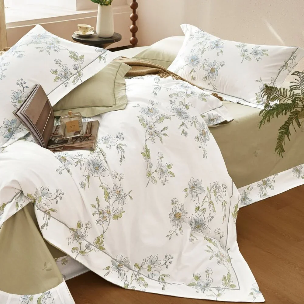 Floral Comforter Set Blue Green‎ Cream Cottagecore Farmhouse Spring Botanical